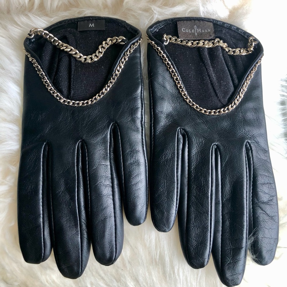 Cole Haan black leather and chain gloves